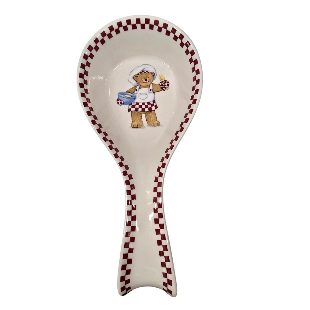 Vintage 2005 Avon Bear Chef Spoon Rest Ceramic Burgundy Checkered Kitchen in Box